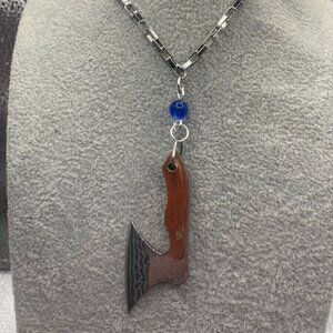 Handmade Crazy B*tch Real Mini Axe Necklace with Dark Blue Bead
